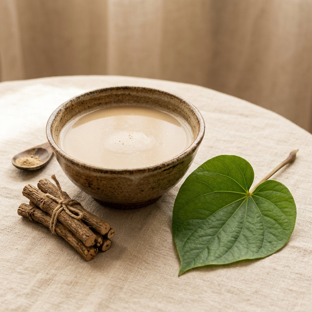 Ceramic bowl with Kava drink, roots and leaves
