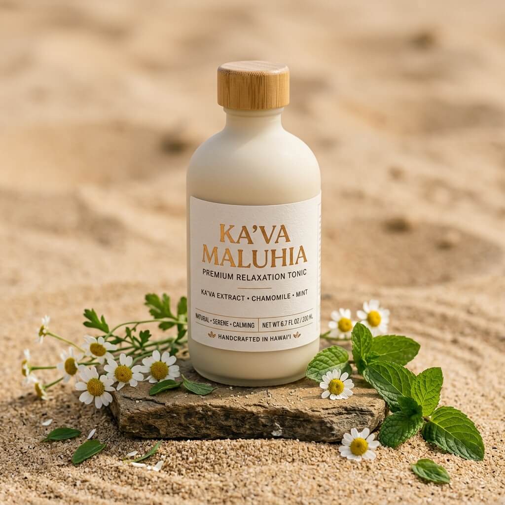 Ka'va Maluhia bottle on stone coaster with chamomile