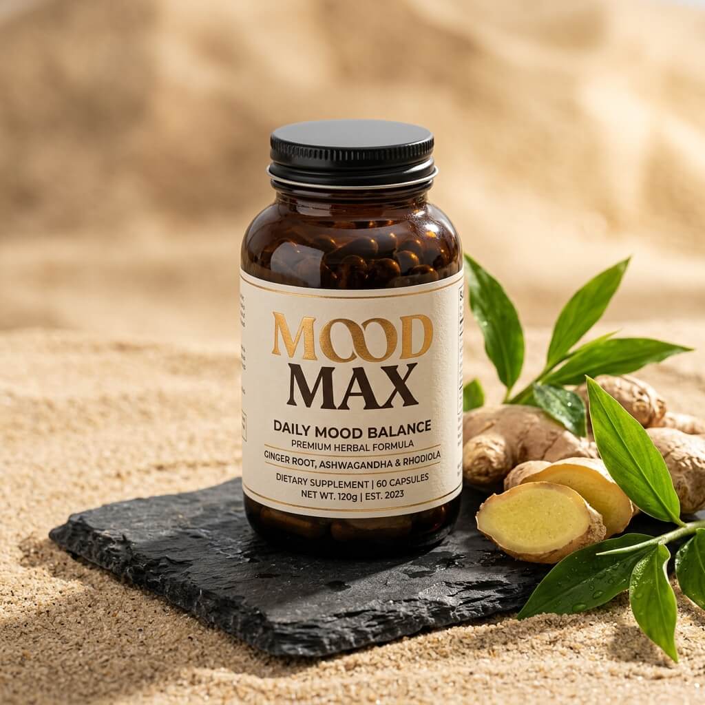 Mood Max bottle on stone coaster with ginger root