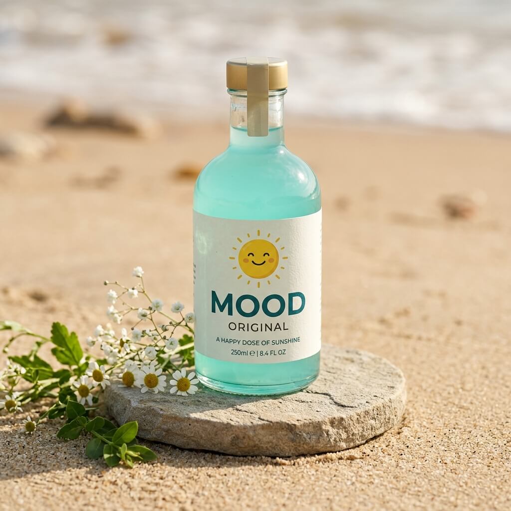 Mood Original bottle on stone coaster with flower